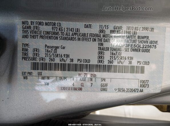 1FADP3FE5GL225675 2016 FORD FOCUS Серебряный Вид подкапотного пространства