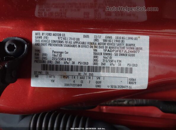 1FADP3FE7JL244977 2018 FORD FOCUS Red ძრავის განყოფილების ხედი