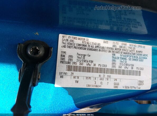 1FADP3FE8GL223984 2016 FORD FOCUS Blue Вид підкапотного простору