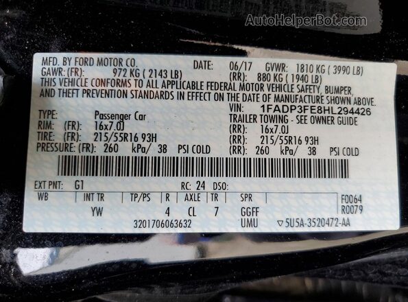 1FADP3FE8HL294426 2017 FORD FOCUS Черный 