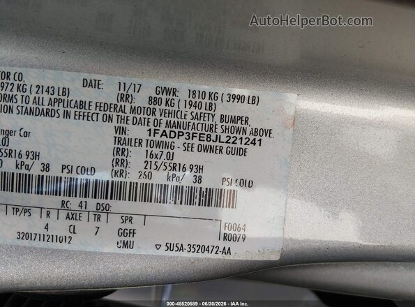 1FADP3FE8JL221241 2018 FORD FOCUS Silver 