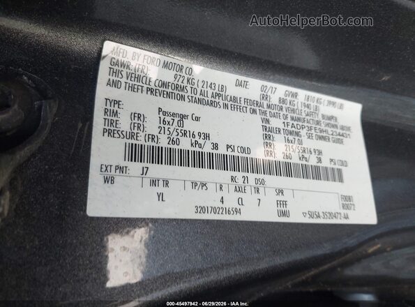 1FADP3FE9HL234431 2017 FORD FOCUS Gray Widok komory silnika
