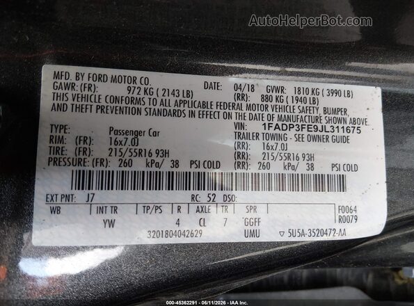 1FADP3FE9JL311675 2018 FORD FOCUS Серый 