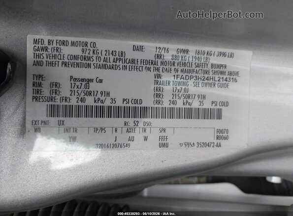 1FADP3H24HL214316 2017 FORD FOCUS Silver Widok komory silnika