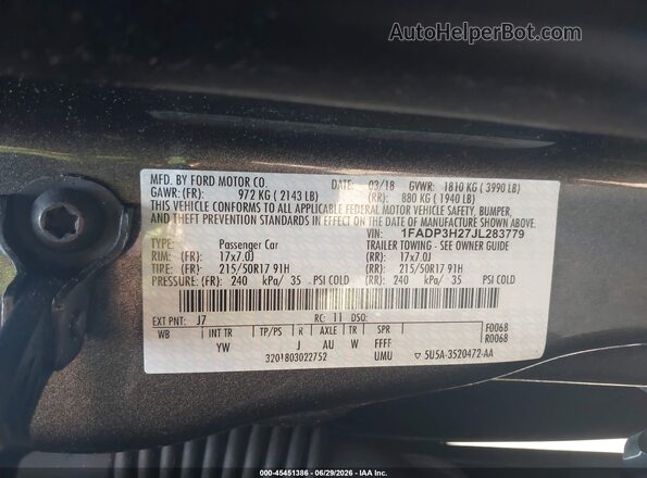1FADP3H27JL283779 2018 FORD FOCUS Gray Widok komory silnika
