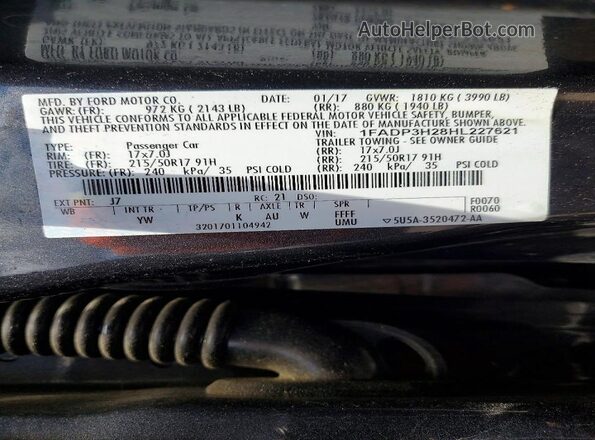 1FADP3H28HL227621 2017 FORD FOCUS Gray VIN sticker view