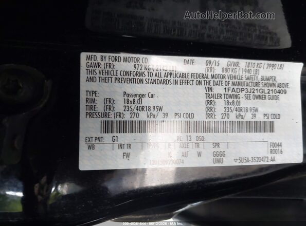 1FADP3J21GL210409 2016 FORD FOCUS Black Vista del compartimento del motor
