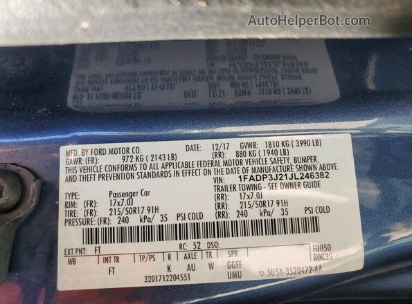 1FADP3J21JL246382 2018 FORD FOCUS Синий Вид подкапотного пространства