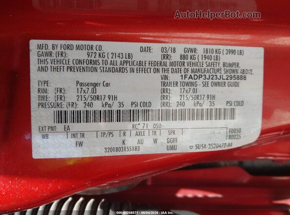 1FADP3J23JL295888 2018 FORD FOCUS Burgundy 