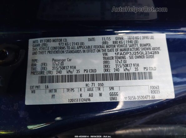 1FADP3J25GL234289 2016 FORD FOCUS Blue ძრავის განყოფილების ხედი