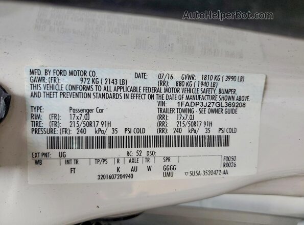 1FADP3J27GL369208 2016 FORD FOCUS White 