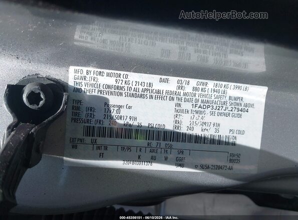 1FADP3J27JL279404 2018 FORD FOCUS Gray 