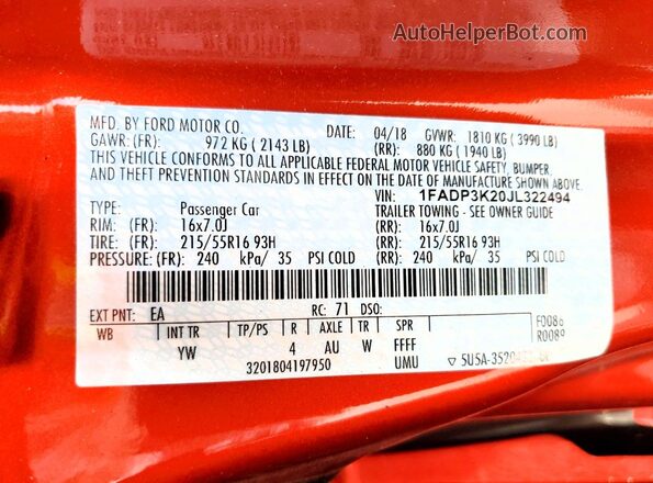1FADP3K20JL322494 2018 FORD FOCUS Orange Vista del compartimento del motor