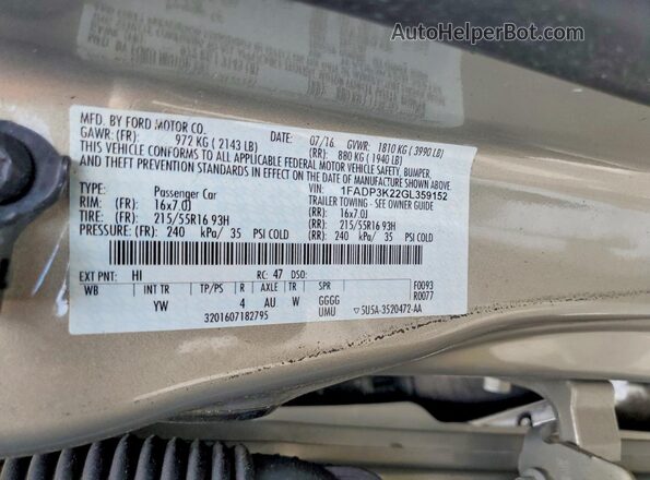 1FADP3K22GL359152 2016 FORD FOCUS Beige VIN կոդի պիտակի տեսք