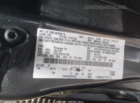 1FADP3K22GL361063 2016 FORD FOCUS Gray Engine compartment view