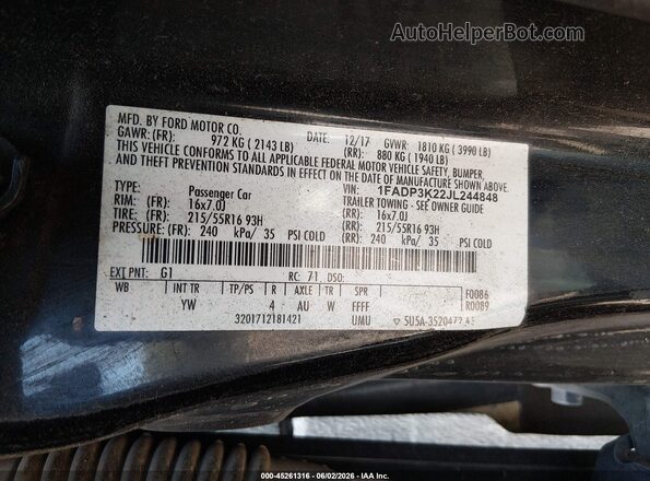 1FADP3K22JL244848 2018 FORD FOCUS Black 