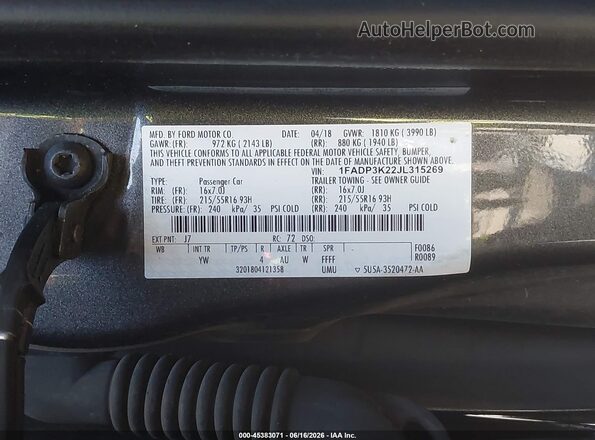 1FADP3K22JL315269 2018 FORD FOCUS Gray Vista del compartimento del motor