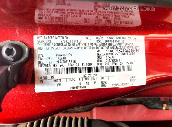 1FADP3K23GL336480 2016 FORD FOCUS Темно-бордовый Вид подкапотного пространства