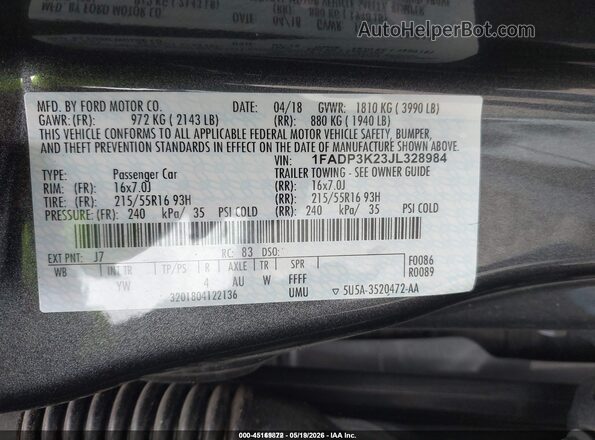 1FADP3K23JL328984 2018 FORD FOCUS Gray 