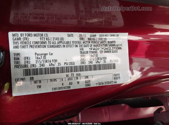 1FADP3K24GL213366 2016 FORD FOCUS Red ძრავის განყოფილების ხედი