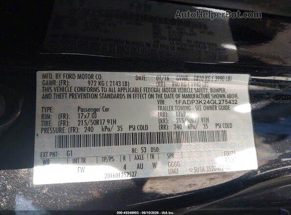 1FADP3K24GL275432 2016 FORD FOCUS Black Vista del compartimento del motor