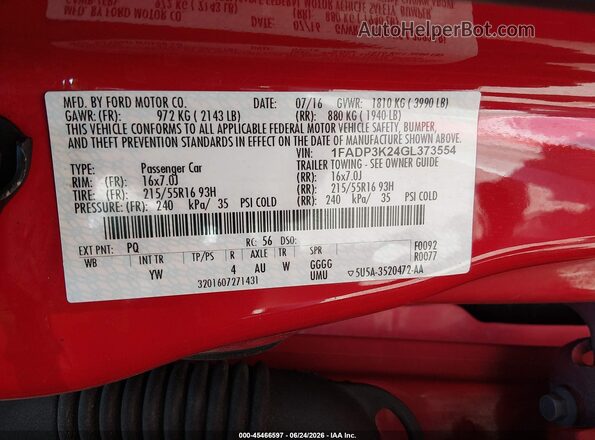 1FADP3K24GL373554 2016 FORD FOCUS Red Widok komory silnika
