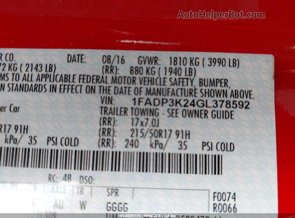 1FADP3K24GL378592 2016 FORD FOCUS Red Вид підкапотного простору