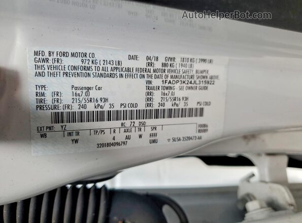 1FADP3K24JL315922 2018 FORD FOCUS White VIN կոդի պիտակի տեսք
