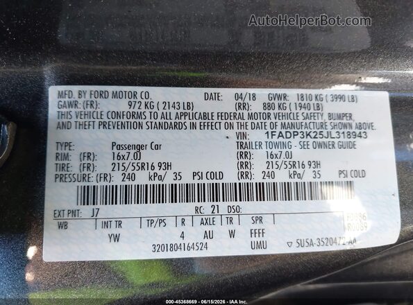 1FADP3K25JL318943 2018 FORD FOCUS Серый Вид подкапотного пространства