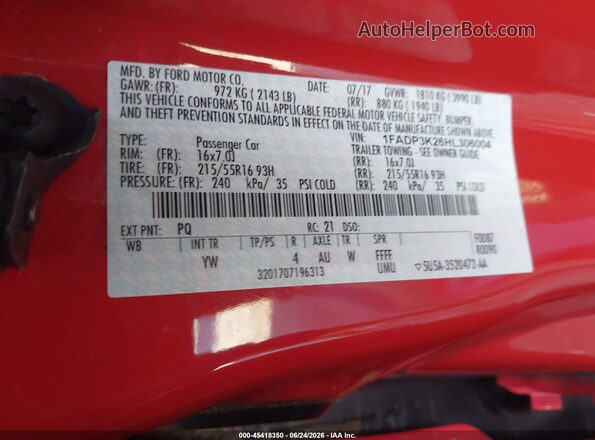 1FADP3K26HL306004 2017 FORD FOCUS Red Vista del compartimento del motor