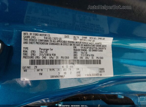 1FADP3K27GL360572 2016 FORD FOCUS Blue Engine compartment view
