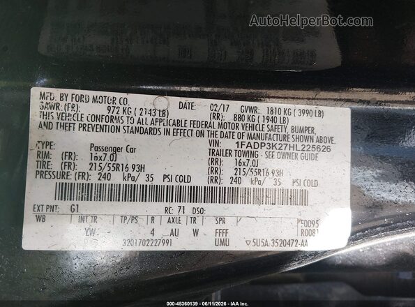1FADP3K27HL225626 2017 FORD FOCUS Black 