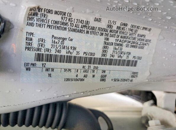 1FADP3K28GL232471 2016 FORD FOCUS White Вид наклейки з VIN-кодом