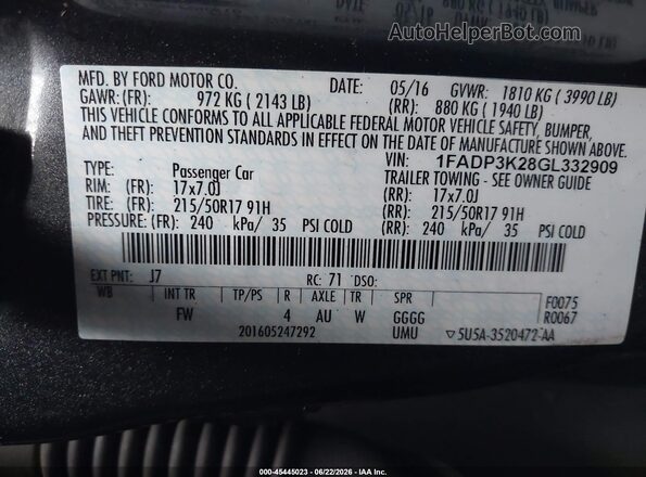 1FADP3K28GL332909 2016 FORD FOCUS Gray ძრავის განყოფილების ხედი