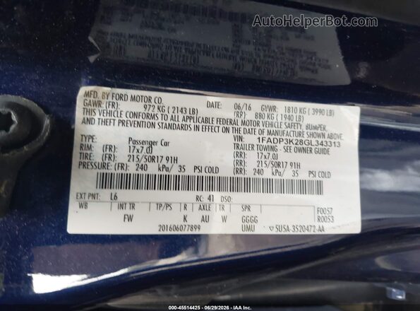 1FADP3K28GL343313 2016 FORD FOCUS Blue ძრავის განყოფილების ხედი