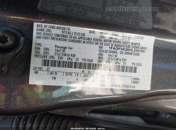 1FADP3K28HL336184 2017 FORD FOCUS Gray 