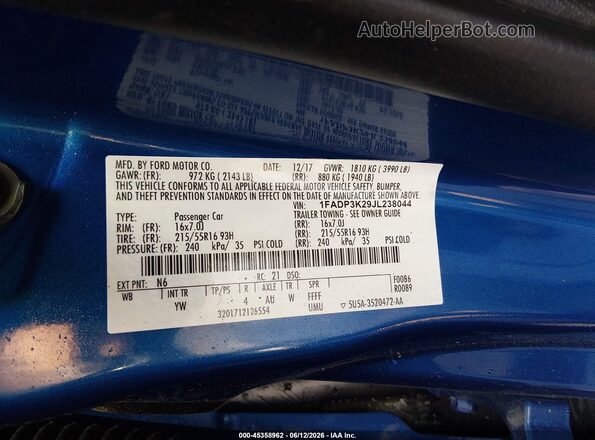 1FADP3K29JL238044 2018 FORD FOCUS Синий Вид подкапотного пространства