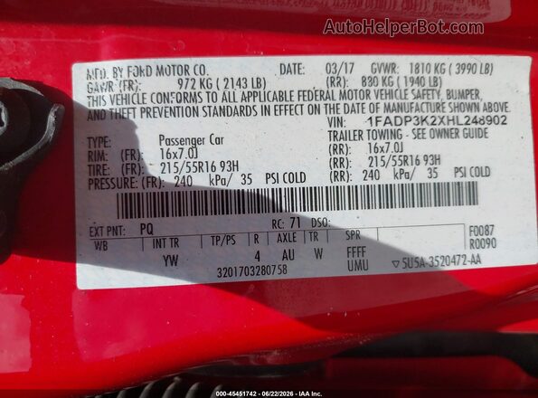 1FADP3K2XHL248902 2017 FORD FOCUS Red Շարժիչի բաժամունքի տեսք