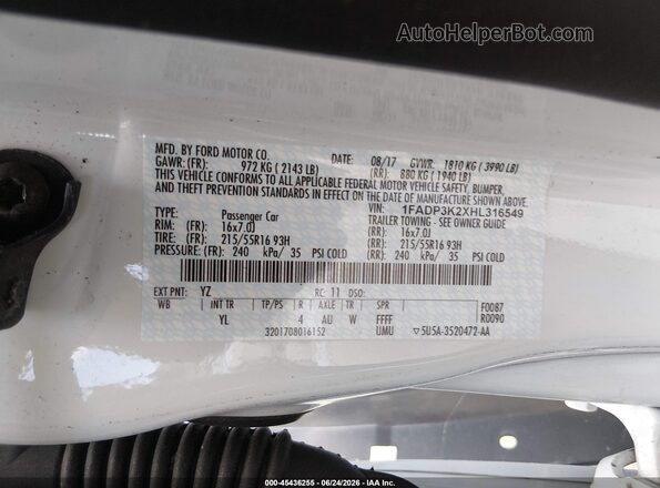 1FADP3K2XHL316549 2017 FORD FOCUS White ძრავის განყოფილების ხედი