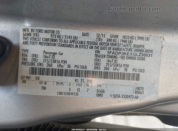 1FADP3KEXGL236631 2016 FORD FOCUS Серебряный Вид подкапотного пространства