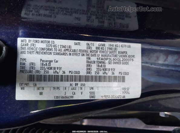 1FADP3L90GL200075 2016 FORD FOCUS Dark Blue Vista del compartimento del motor