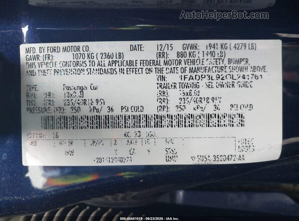 1FADP3L92GL241761 2016 FORD FOCUS Dark Blue Вид підкапотного простору