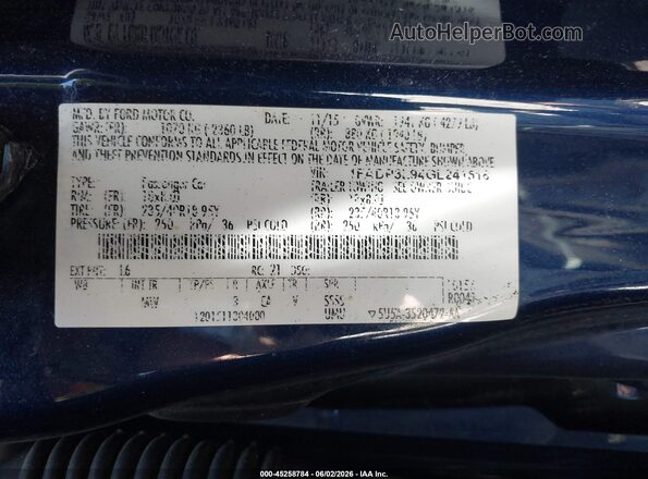 1FADP3L94GL241518 2016 FORD FOCUS Blue Vista del compartimento del motor
