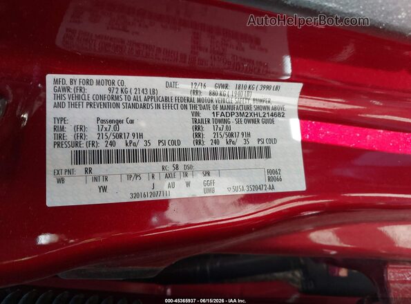 1FADP3M2XHL214682 2017 FORD FOCUS Red Widok komory silnika