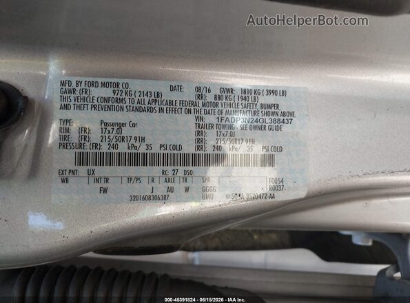 1FADP3N24GL388437 2016 FORD FOCUS Silver 