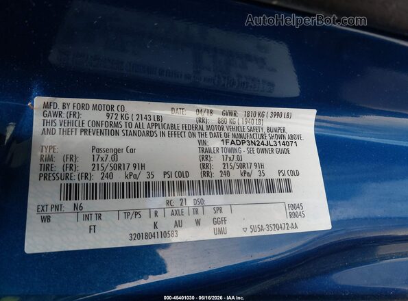 1FADP3N24JL314071 2018 FORD FOCUS Blue 