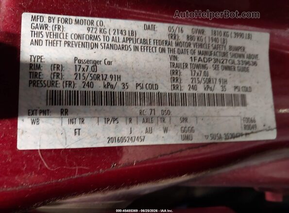 1FADP3N27GL339636 2016 FORD FOCUS Maroon Շարժիչի բաժամունքի տեսք