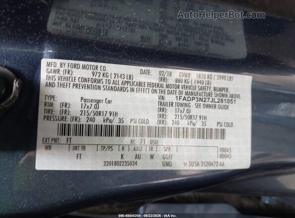 1FADP3N27JL281051 2018 FORD FOCUS Blue Engine compartment view