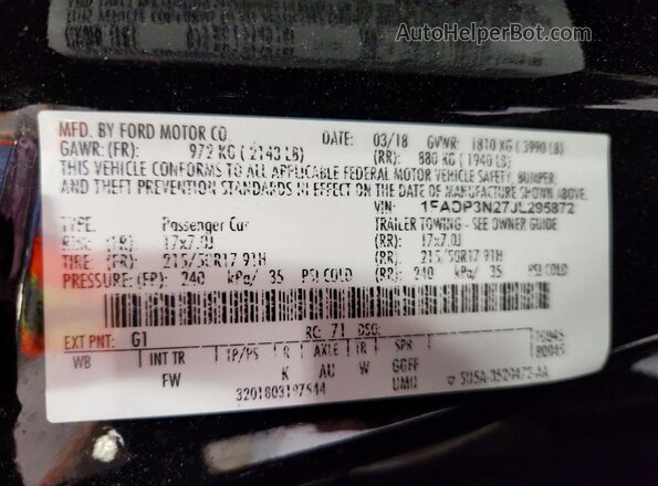 1FADP3N27JL295872 2018 FORD FOCUS Черный Вид наклейки с VIN-кодом