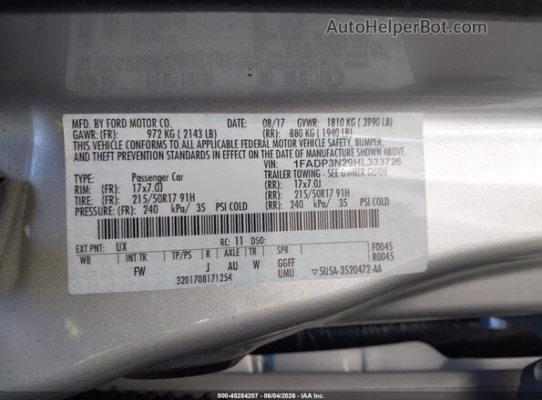 1FADP3N29HL333726 2017 FORD FOCUS Silver Engine compartment view